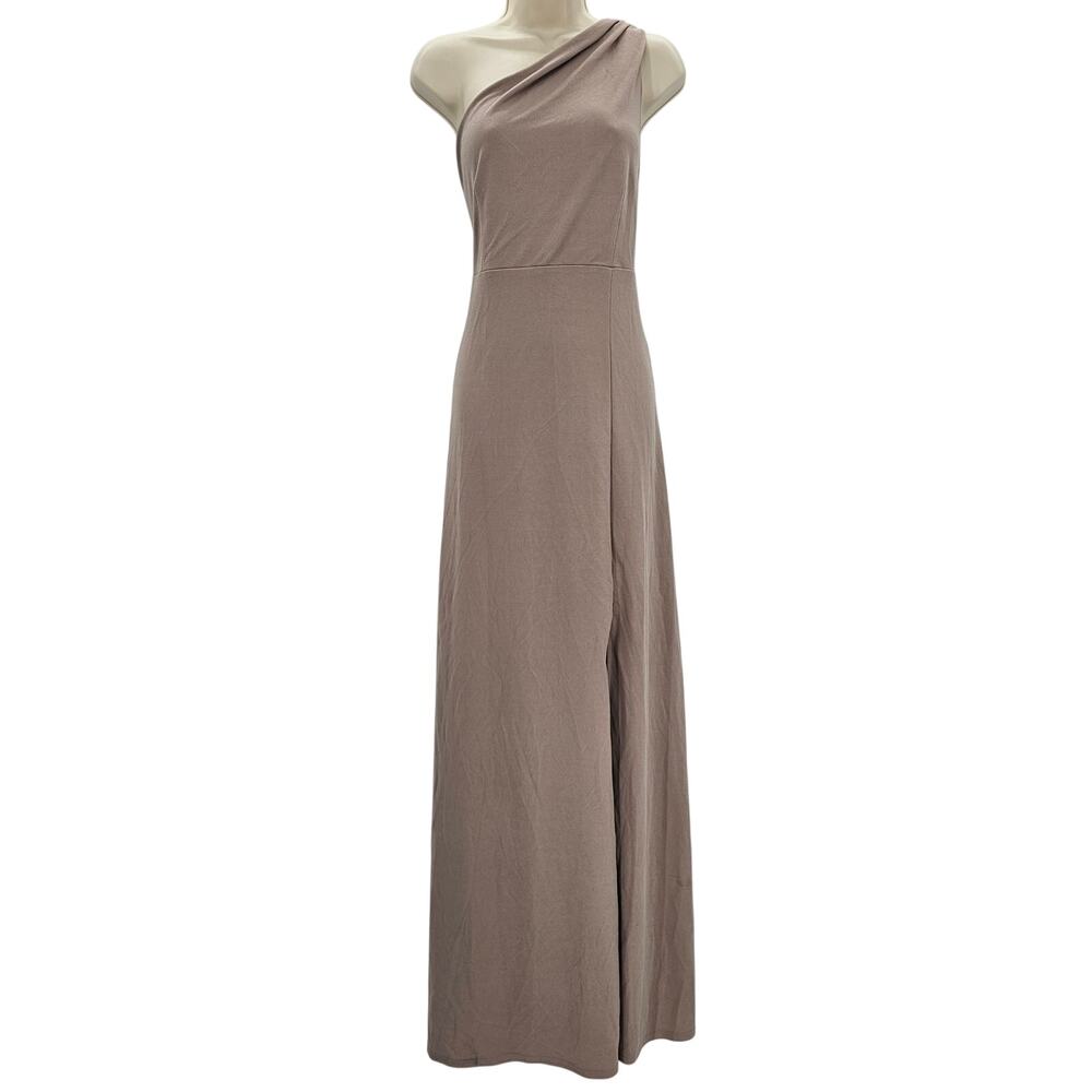 Birdy Grey Womans size XL Kira 1 Shoulder Crepe Formal Maxi Dress Gown Taupe NEW